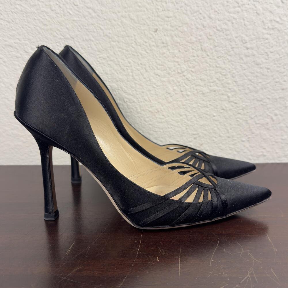 Jimmy Choo Shoes Womens Size 5.5 Black Strappy Satin Heels Made Italy 071MOTTO